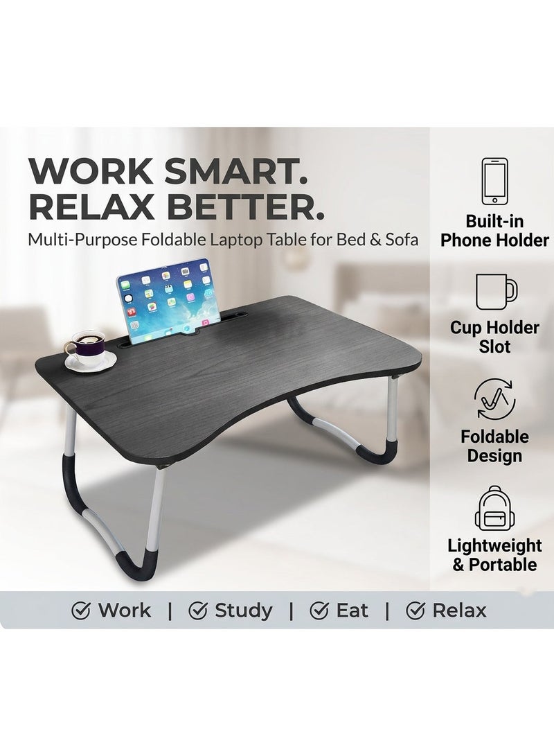 SAQOWARE Adjustable Foldable Laptop Table for Bed & Sofa – Multi-Purpose Study Desk with Phone Holder & Cup Slot, Portable Breakfast Tray, Lightweight Bed Table for Work, Study & Gaming (Assorted Colors & Designs) - Image 2