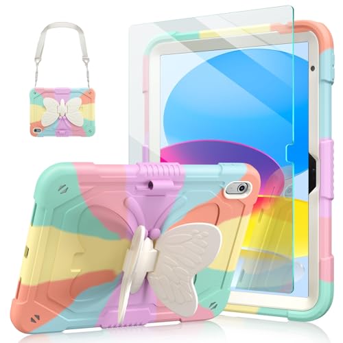 Ambison Case for iPad (A16) 11th/10th Generation (2025/2022) 11''/10.9'' for Kids Girls with 9H Tempered Glass Screen Protector, Heavy Duty Protective with Butterfly Stand, Carrying Strap-Multicolor - Image 1