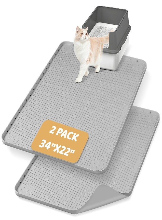Bartuke Cat Litter Mat, 2 Pack Large 34" x 22" Silicone Mat Litter Trapping Mat for Scatter Control, Soft on Kitty Paws, Easy to Clean (Light Grey) - Image 1