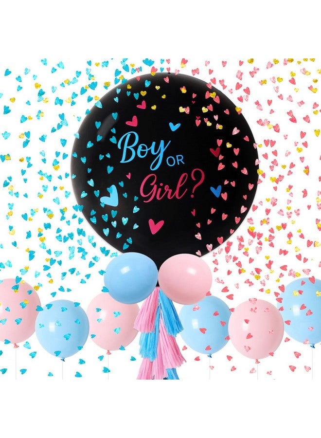 RUBFAC Jumbo Gender Reveal Balloon Kit 2Pcs 36" Black Balloons With Blue Pink Balloons Tassels And Heart Shaped Paper Confetti For Baby Gender Reveal Party - Image 1