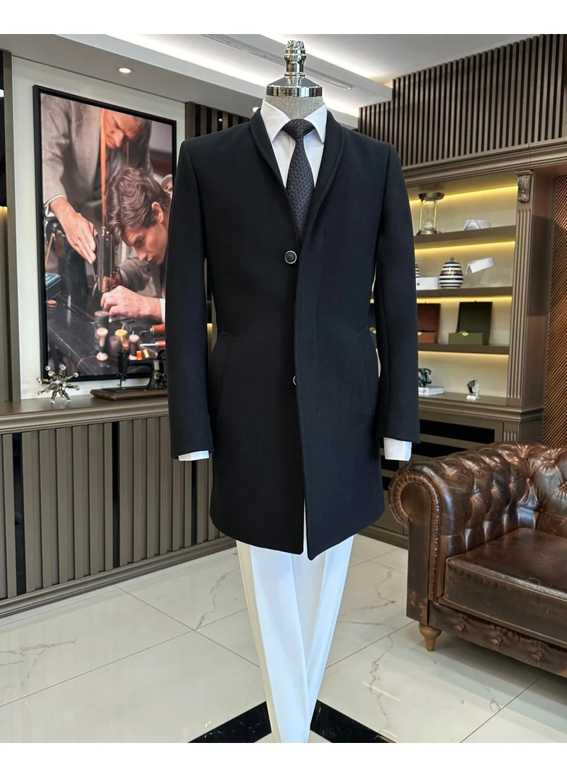 Terzi Adem Altun Terziademaltun Italian Style Slim Fit Collarless Wool Blend Men's Coat Black T10991