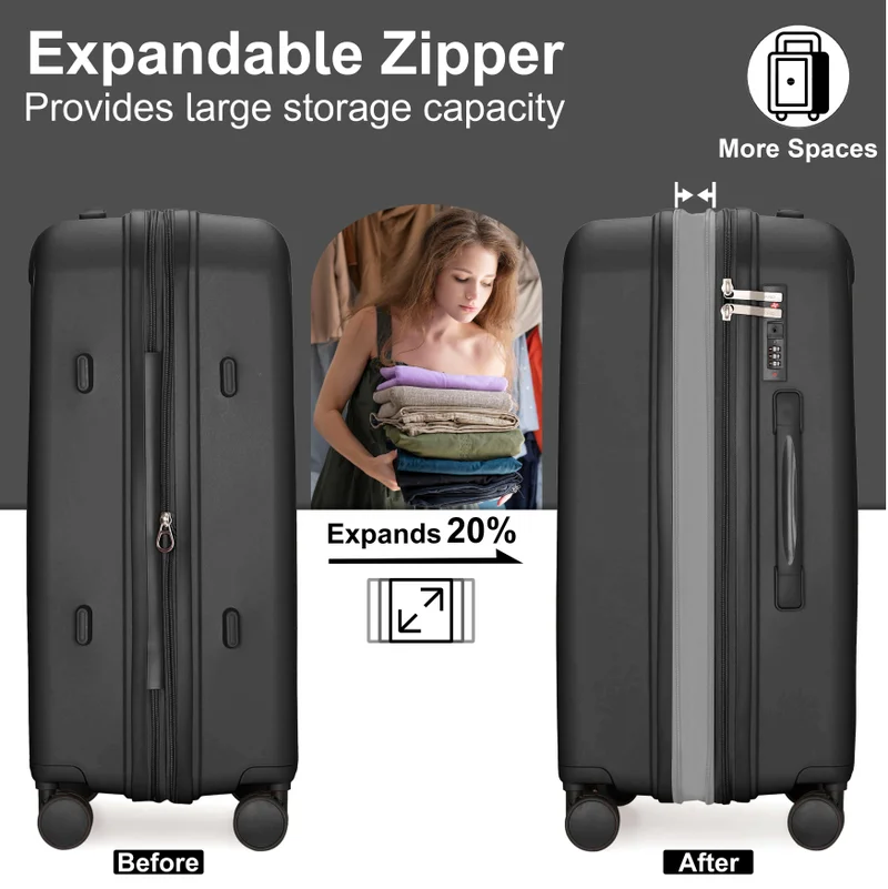 Cabinpro black Unisex Expandable Large Checked PP Fashion Trolley Lightweight Hard Shell Spinner luggage with 360° Degree 4 Twin Wheel and Double Zippers CP003 Black  | Best Price UAE