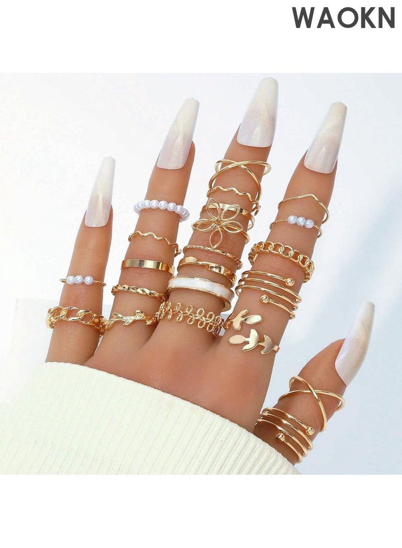 WAOKN 22pcs Fashion Alloy Rings Set for Women, Including Flowers, Leaves, and Artificial Pearls, for Women Daily Decoration to Send to Girlfriends as a Gift Suitable for Daily, Dating, Party, Gift - Image 1