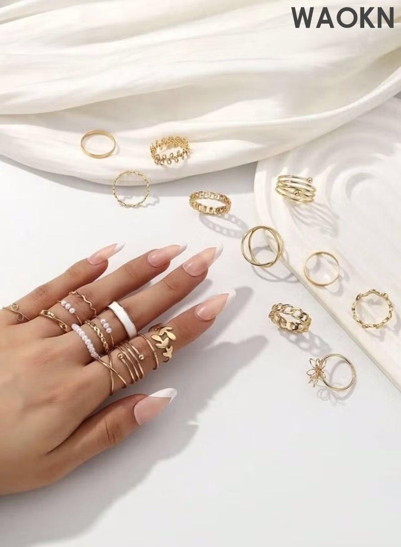 WAOKN 22pcs Fashion Alloy Rings Set for Women, Including Flowers, Leaves, and Artificial Pearls, for Women Daily Decoration to Send to Girlfriends as a Gift Suitable for Daily, Dating, Party, Gift - Image 3