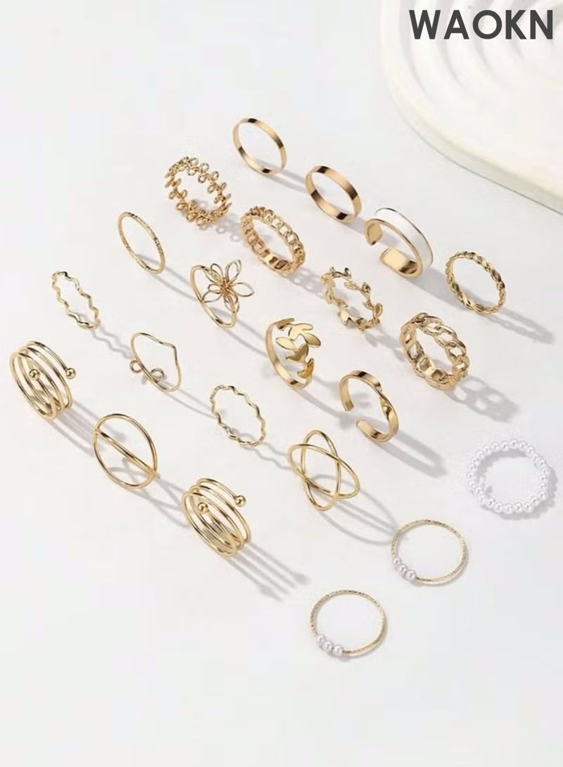 WAOKN 22pcs Fashion Alloy Rings Set for Women, Including Flowers, Leaves, and Artificial Pearls, for Women Daily Decoration to Send to Girlfriends as a Gift Suitable for Daily, Dating, Party, Gift - Image 2