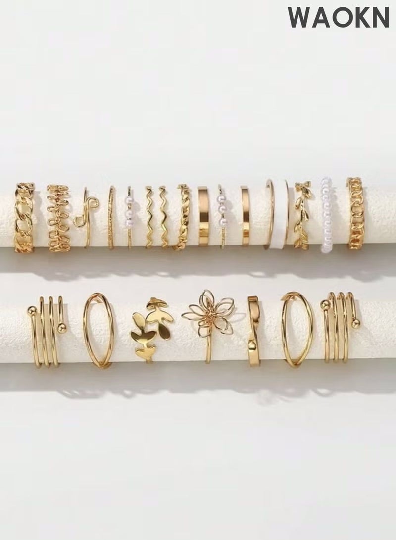 WAOKN 22pcs Fashion Alloy Rings Set for Women, Including Flowers, Leaves, and Artificial Pearls, for Women Daily Decoration to Send to Girlfriends as a Gift Suitable for Daily, Dating, Party, Gift - Image 5