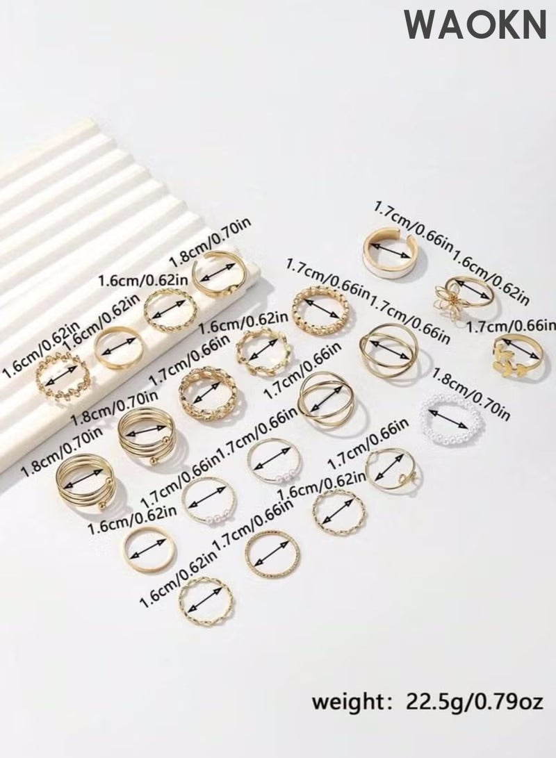 WAOKN 22pcs Fashion Alloy Rings Set for Women, Including Flowers, Leaves, and Artificial Pearls, for Women Daily Decoration to Send to Girlfriends as a Gift Suitable for Daily, Dating, Party, Gift - Image 4