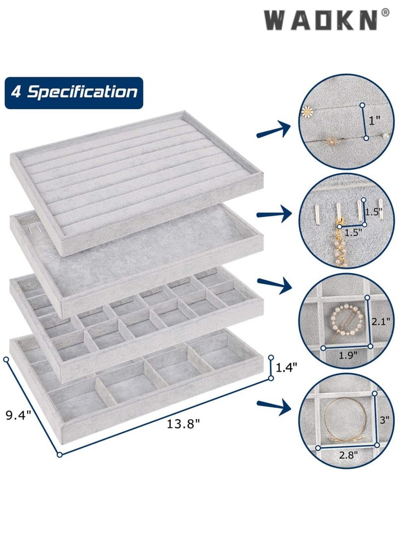 WAOKN Stackable Velvet Jewelry Trays Organizer, Jewelry Storage Display Trays for Drawer, Earring Necklace Bracelet Ring Organizer, Set of 4 (Grey) - Image 2