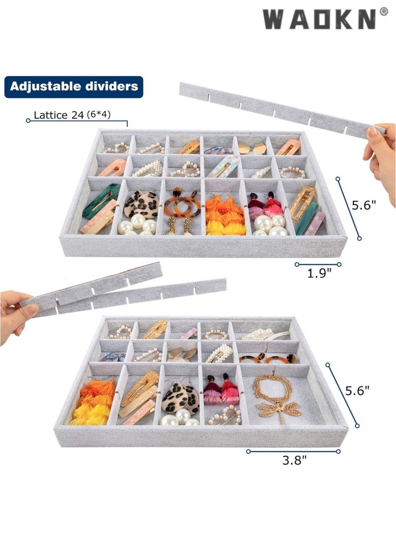 WAOKN Stackable Velvet Jewelry Trays Organizer, Jewelry Storage Display Trays for Drawer, Earring Necklace Bracelet Ring Organizer, Set of 4 (Grey) - Image 4