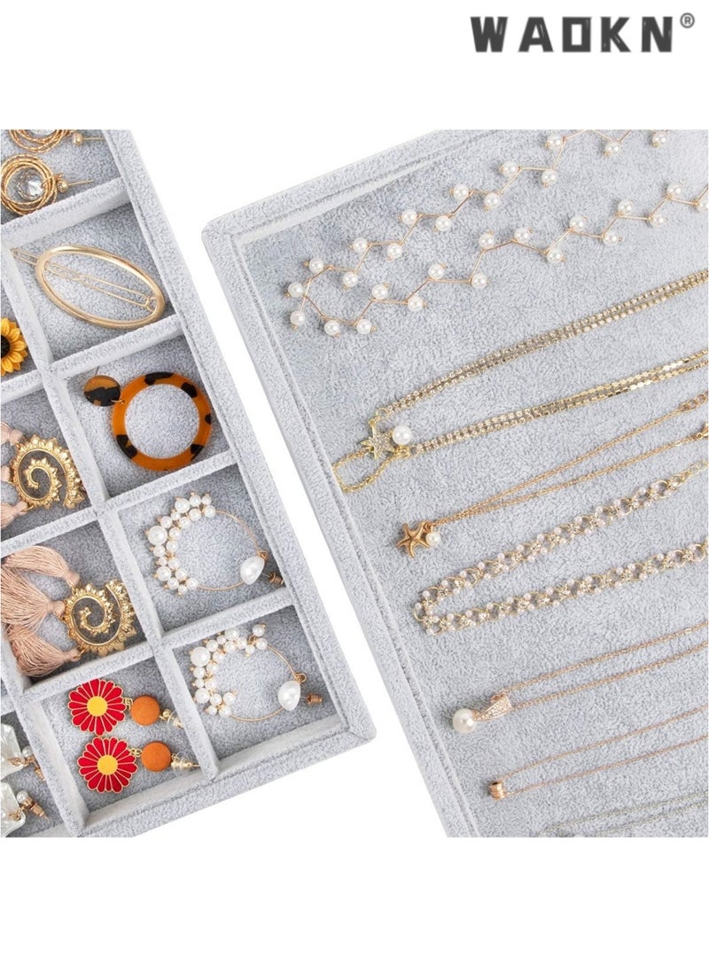 WAOKN Stackable Velvet Jewelry Trays Organizer, Jewelry Storage Display Trays for Drawer, Earring Necklace Bracelet Ring Organizer, Set of 4 (Grey) - Image 3