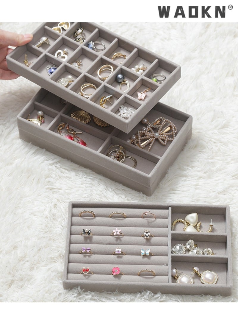 WAOKN Stackable Velvet Jewelry Trays Organizer, Jewelry Storage Display Trays for Drawer, Earring Necklace Bracelet Ring Organizer,Jewelry Organizer Trays for Drawers, Stackable Velvet Jewelry Drawer Tray Set of 4, Jewelry Display Storage Box Showcase Holder Drawer Organizer for Earring Necklace Bracelet Ring Accessary - Image 1
