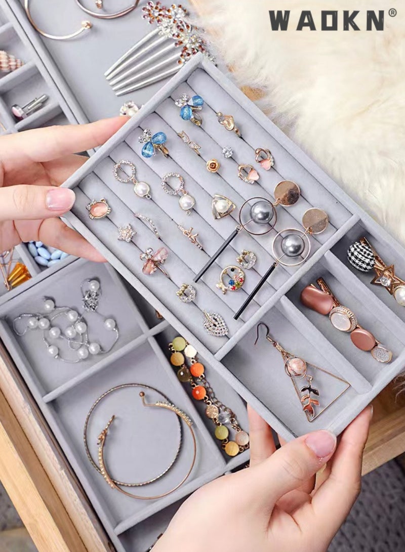 WAOKN Stackable Velvet Jewelry Trays Organizer, Jewelry Storage Display Trays for Drawer, Earring Necklace Bracelet Ring Organizer,Jewelry Organizer Trays for Drawers, Stackable Velvet Jewelry Drawer Tray Set of 4, Jewelry Display Storage Box Showcase Holder Drawer Organizer for Earring Necklace Bracelet Ring Accessary - Image 3