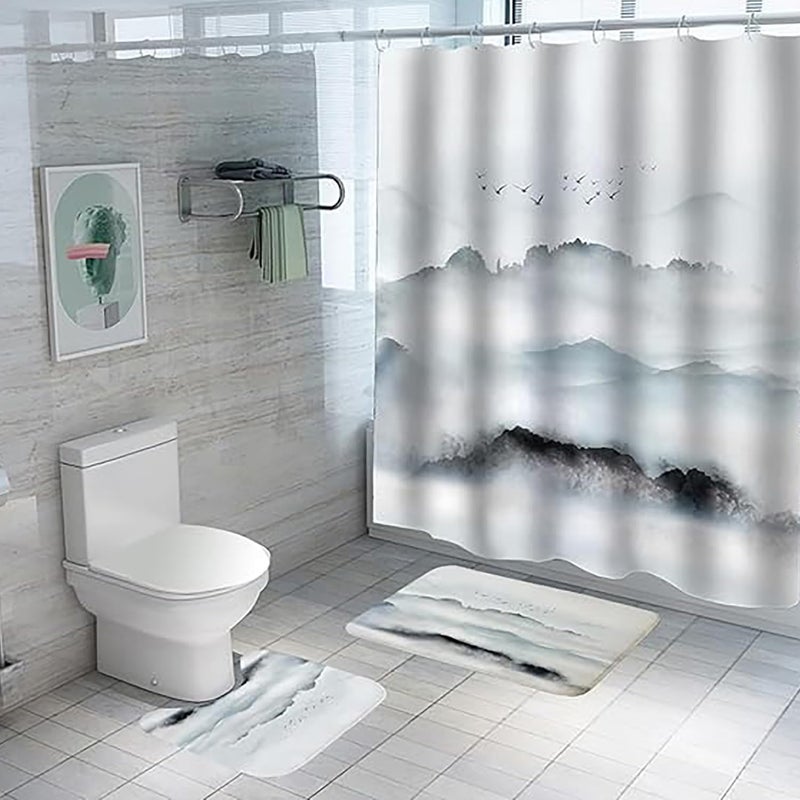 Kuber Industries Shower Curtain & Bathmat Set | Non-Slip Bath mats for Bathroom | Easy-Slide Curtains | Polyester Curtain or Bathmat for Bath Décor | YF104-3T | 3 Pcs Set | Multicolor - Image 1