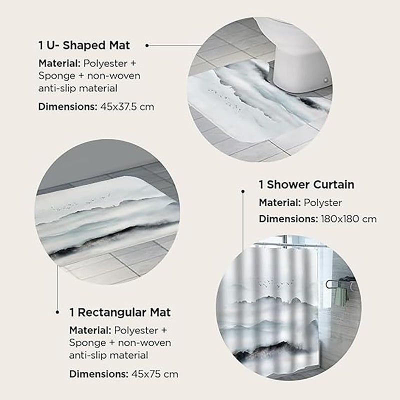 Kuber Industries Shower Curtain & Bathmat Set | Non-Slip Bath mats for Bathroom | Easy-Slide Curtains | Polyester Curtain or Bathmat for Bath Décor | YF104-3T | 3 Pcs Set | Multicolor - Image 3