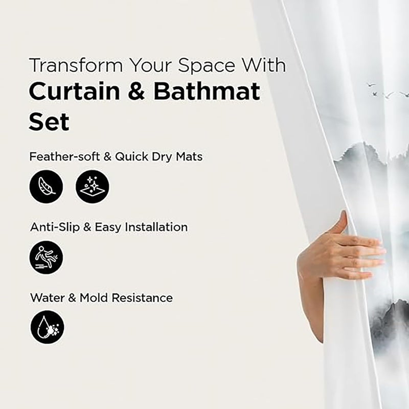 Kuber Industries Shower Curtain & Bathmat Set | Non-Slip Bath mats for Bathroom | Easy-Slide Curtains | Polyester Curtain or Bathmat for Bath Décor | YF104-3T | 3 Pcs Set | Multicolor - Image 2