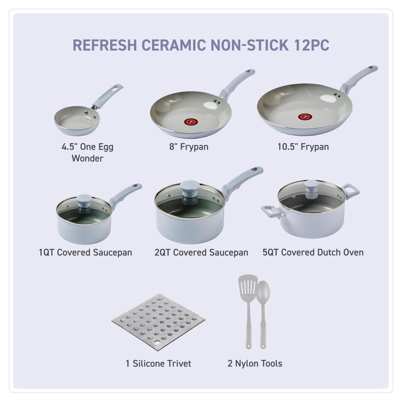 T-Fal Refresh Ceramic Nonstick Cookware Set, 12-Piece Nonstick Cookware, Oven Safe to 350Â°F, Stockpot, Griddle, Frying Pans, Utensils, Ceramic Pots and Pans Set, Blue - Image 2
