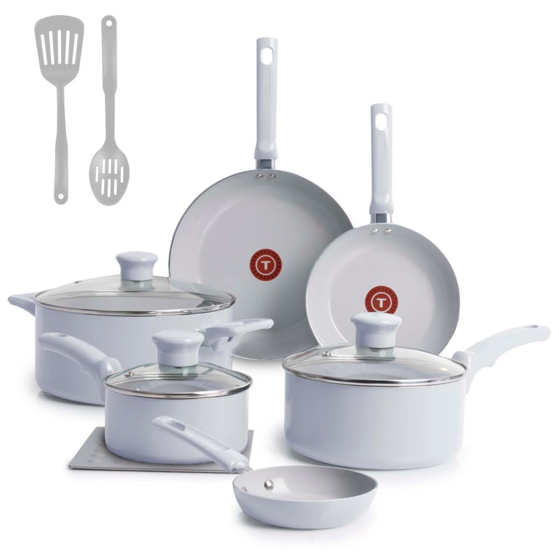 T-Fal Refresh Ceramic Nonstick Cookware Set, 12-Piece Nonstick Cookware, Oven Safe to 350Â°F, Stockpot, Griddle, Frying Pans, Utensils, Ceramic Pots and Pans Set, Blue - Image 1