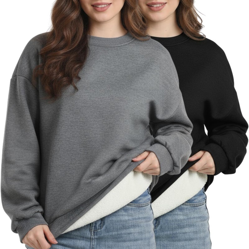 Chicingyou 2 Pack Women's Sherpa Lined Sweatshirts Crewneck Fleece Pullover Long Sleeve Tops Winter Soft Sweatshirts no hood(Black, Dark Grey,M) - Image 1