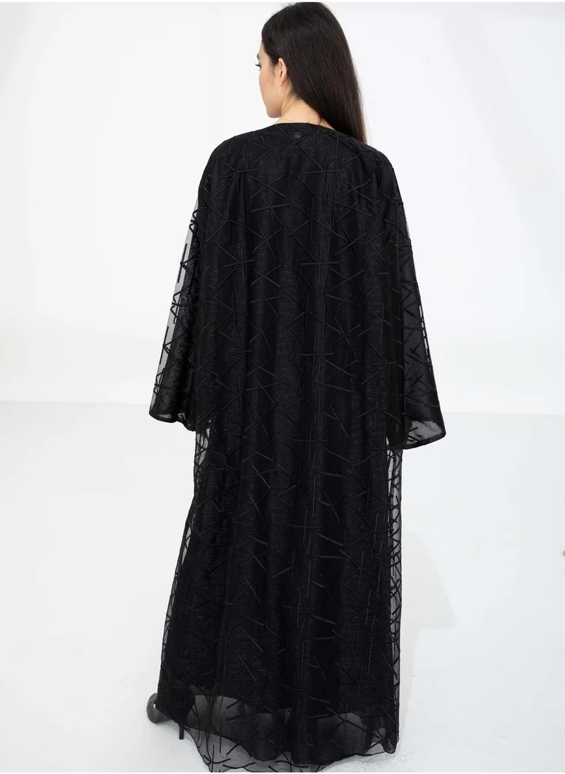 MSquare Fashion Black Organza Abaya with Sheer Self Embroidered Overlay