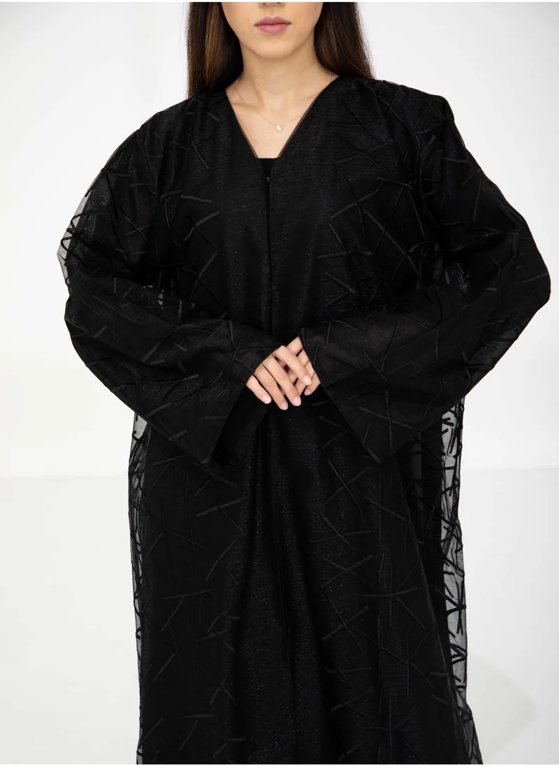 MSquare Fashion Black Organza Abaya with Sheer Self Embroidered Overlay