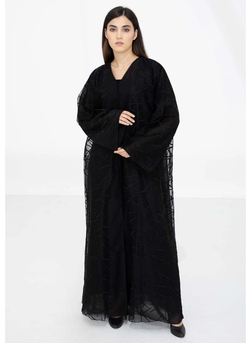 MSquare Fashion Black Organza Abaya with Sheer Self Embroidered Overlay