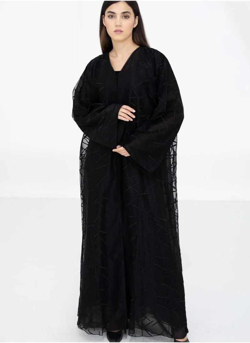 MSquare Fashion Black Organza Abaya with Sheer Self Embroidered Overlay