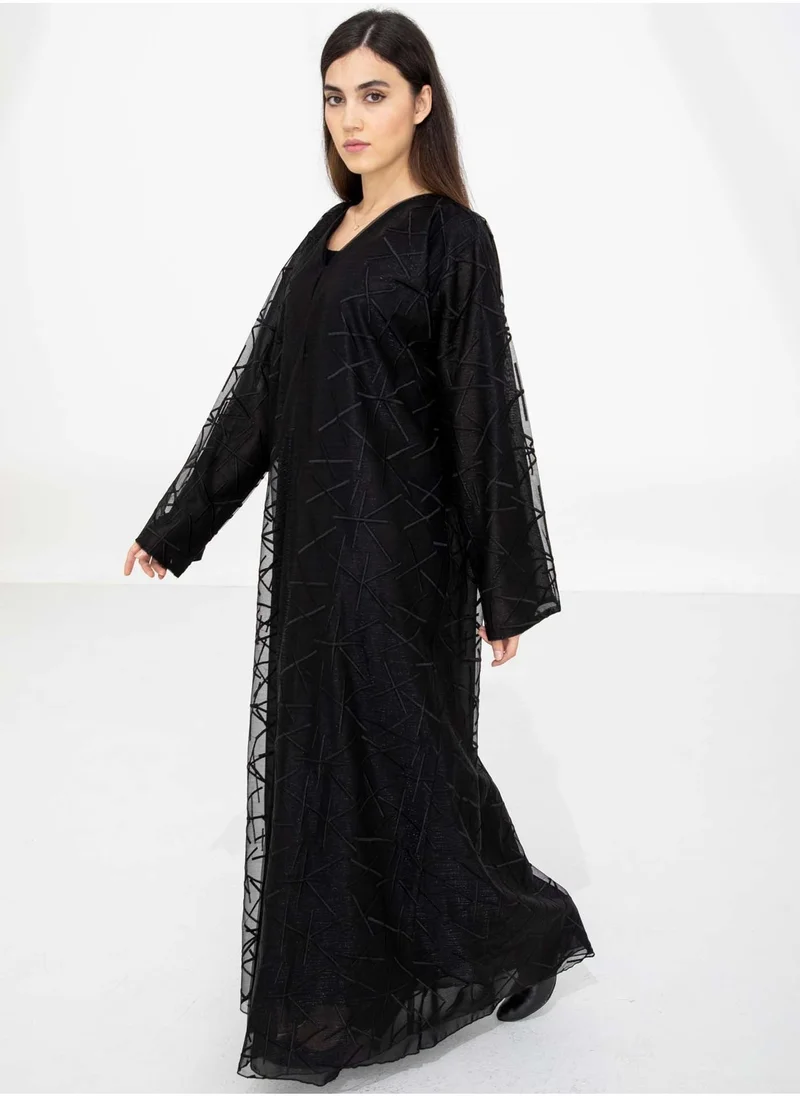 MSquare Fashion Black Organza Abaya with Sheer Self Embroidered Overlay