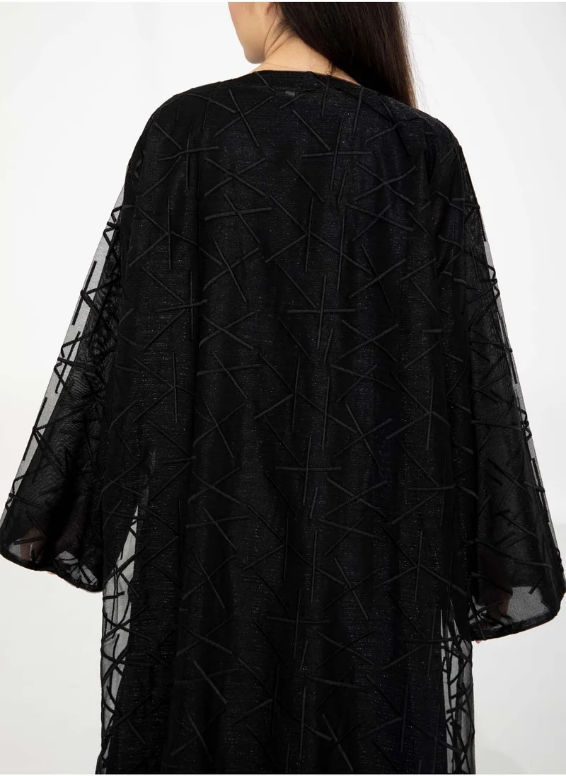 MSquare Fashion Black Organza Abaya with Sheer Self Embroidered Overlay