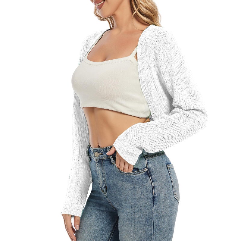 ANEGAROE Women's Cardigan Shrugs Long Sleeve Knit Cropped Bolero Shrug Open Front Casual Cardigans for Dresses White - Image 4