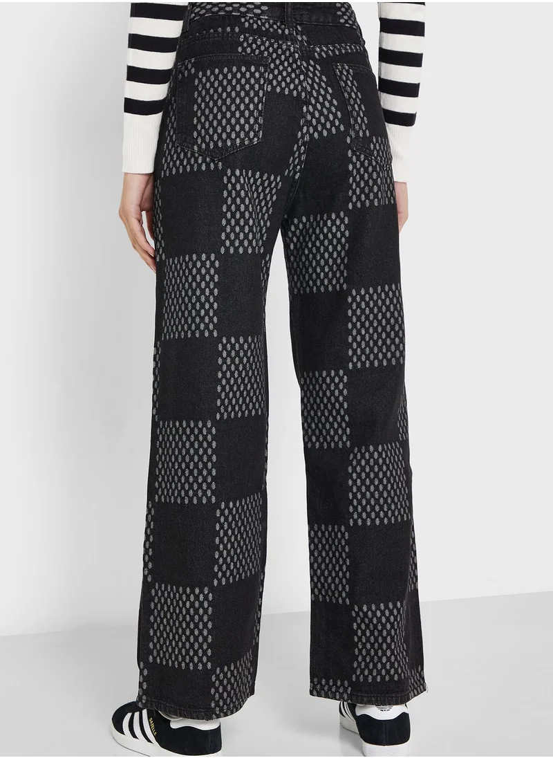 Ginger Checker Print Detail Wide Leg Jeans