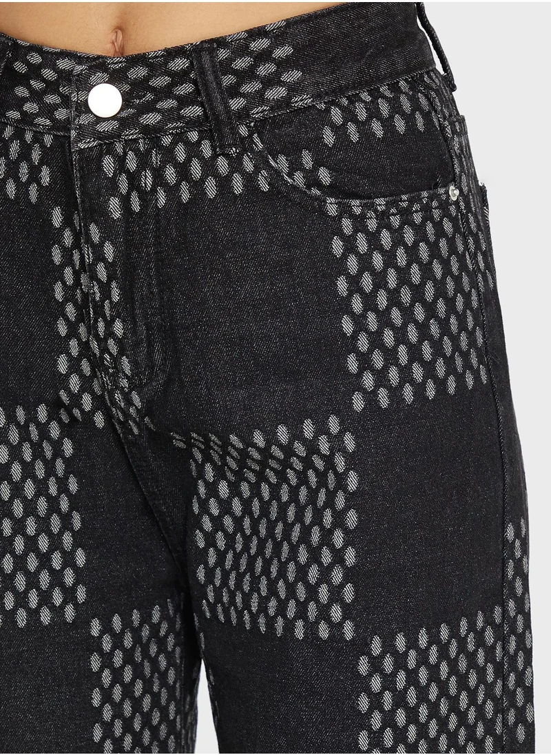 Ginger Checker Print Detail Wide Leg Jeans