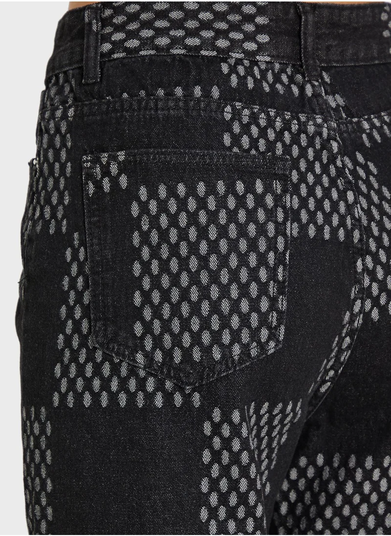 Ginger Checker Print Detail Wide Leg Jeans
