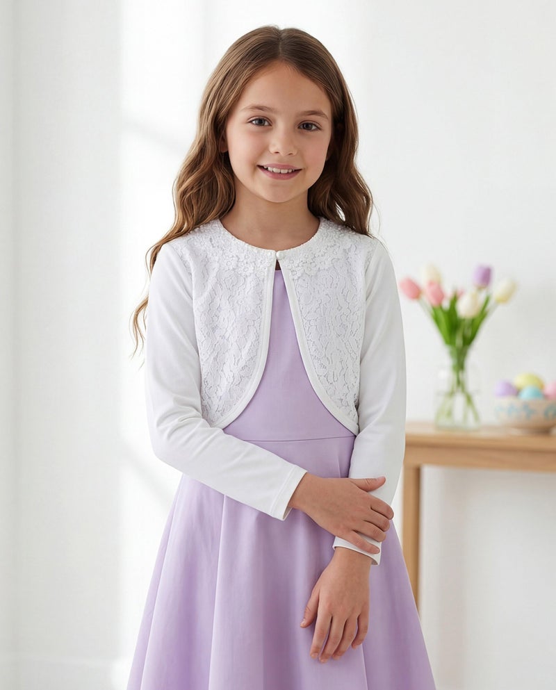BOLEROSE Girls Long Sleeve Floral Lace Bolero Cardigan Kids Shrug Cover Up (White, 9-10 YRS) - Image 4