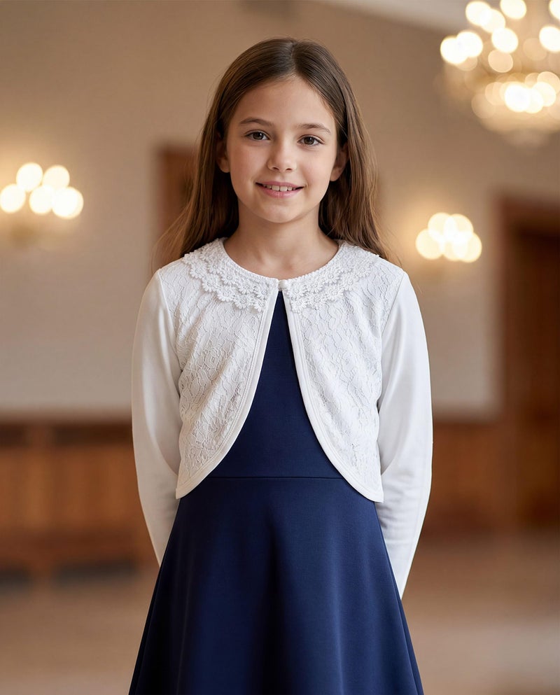 BOLEROSE Girls Long Sleeve Floral Lace Bolero Cardigan Kids Shrug Cover Up (White, 9-10 YRS) - Image 5