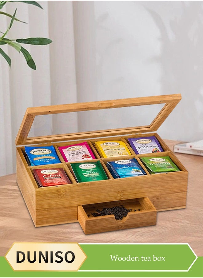 DUNISO Tea Bag Organizer Storage Box, wooden tea bag storage box, flip top tea bag rack, food storage container, with drawers, suitable for home, restaurant, and office use，13*8*4in  - Image 1