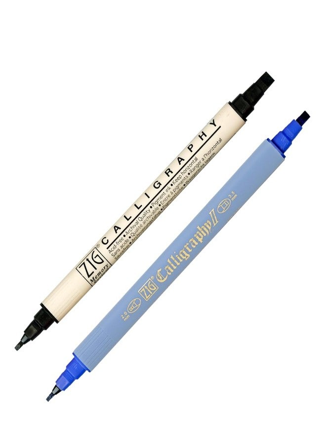 Zig Kuretake Calligraphy Marker Combo of 2 TC-3100 Blue (2.0 mm & 3.5 mm) & MS-3400 Pure Black (2.0 mm & 5 mm) | Dual Tip Lettering Pens for Calligraphy, Journaling & Card Making | Made in Japan - Image 1