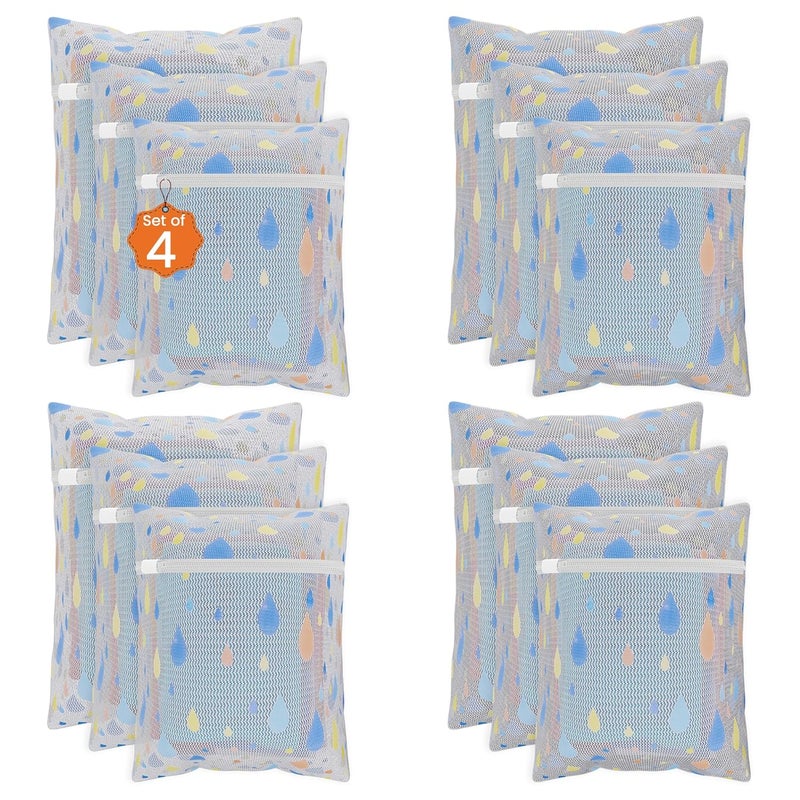 Kuber Industries Set of 12 Polyester Mesh Laundry Bag with Zip Reusable Washing Bags for Washing Machine Ideal for Delicate Fabrics Lingerie Shoes Protection YZ93 Drop Print White - Image 1