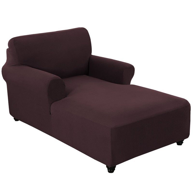 FantasDecor Chaise Lounge Cover Stretch Chair Lattice Slipcover with Armrests for Living Room Bedroom Double Arm Soft Jacquard Fabric Machine Washable Brown