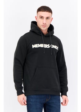 Men Hooded Long Sleeves Embroidered Logo Sweatshirt, Black