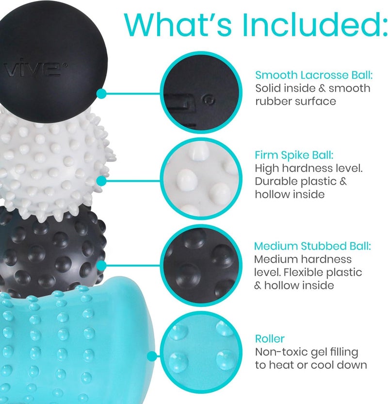 Vive Massage Ball Set 4 Piece  Plantar Fasciitis Relief Foot Pain Hot Cold Therapy  Heel Spur Sore Muscle Trigger Point Back Arm Neck Shoulder Leg Circulation Roller - Image 3