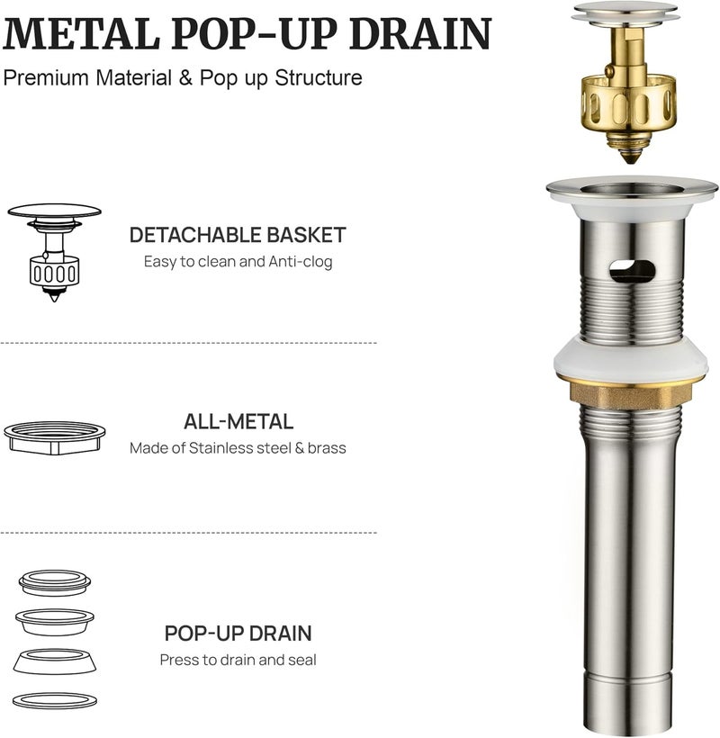 Ultimate Unicorn Pop up Sink Drain Stopper for Bathroom Vessel Vanity Sink Art Basin Brushed Nickel, Small Cap with Overflow, Metal Pop up Drain Strainer with Detachable Basket Stopper - Image 2