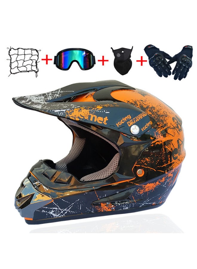 Four Seasons Off-Road Motorcycle Full Face Helmet with Goggles, Mask, and Hard Shell Gloves - Orange Floral Design, Unisex