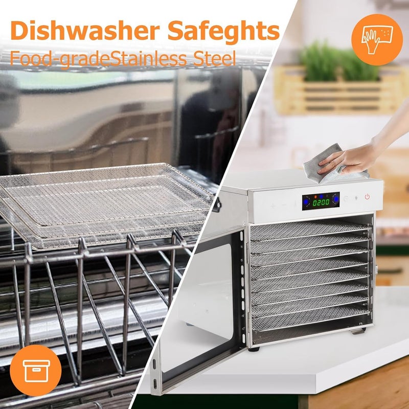 Foloose Food Dehydrator Machine Dehydrator Vegetable Fruit Dehydrator with 24H Timer and Light 8 Drying Racks 800W 30-90℃ with Touchscreen Control and Visible Window for Home Commercial - Image 3