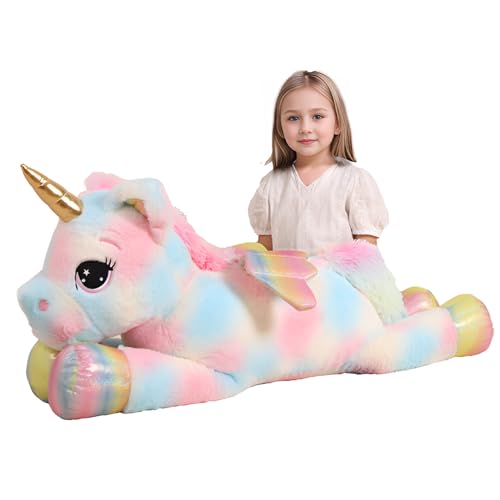 FFxiong 44 Inch Giant Color Unicorn Stuffed Animal Pillow Cute Soft Big Unicorn with Rainbow Wings Large Plush Toy Gifts for Girlfriend Girl Boy Kids Christmas Birthday Valentines - Image 1