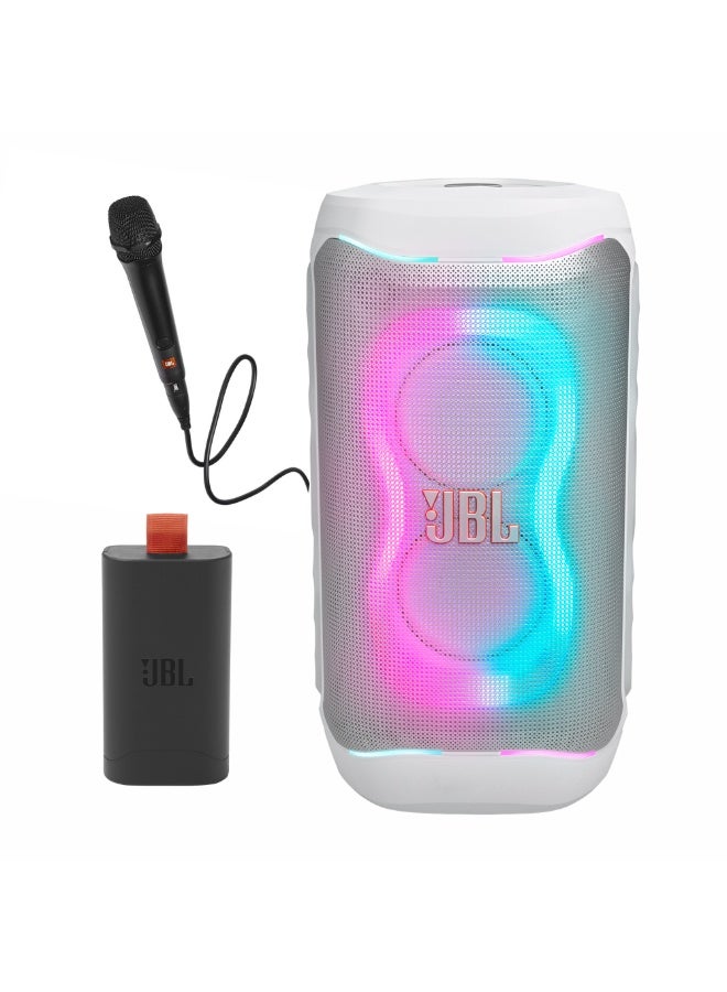 JBL PartyBox 130 Portable Party Speaker with JBL Battery 200 & JBL PBM100 Wired Microphone | 200W Karaoke Bluetooth Speaker with Lightshow – White JBLPB130WHTUK+JBLBATTERY200+JBLPBM100BLK white