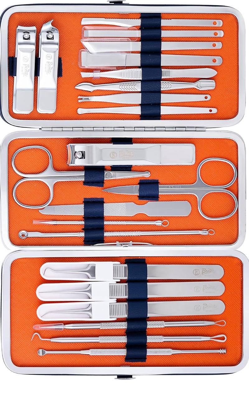 Beauté Secrets Beaut Secrets Manicure Set 22 in 1 Stainless Steel Professional Pedicure Kit Nail Scissors Grooming Kit with Mirror and Blue Leather Travel Case Double Layer Complete Nail Cutter Set for Adults Nail Care and Nail Art Grooming Kit for Men and Women Orange - Image 1
