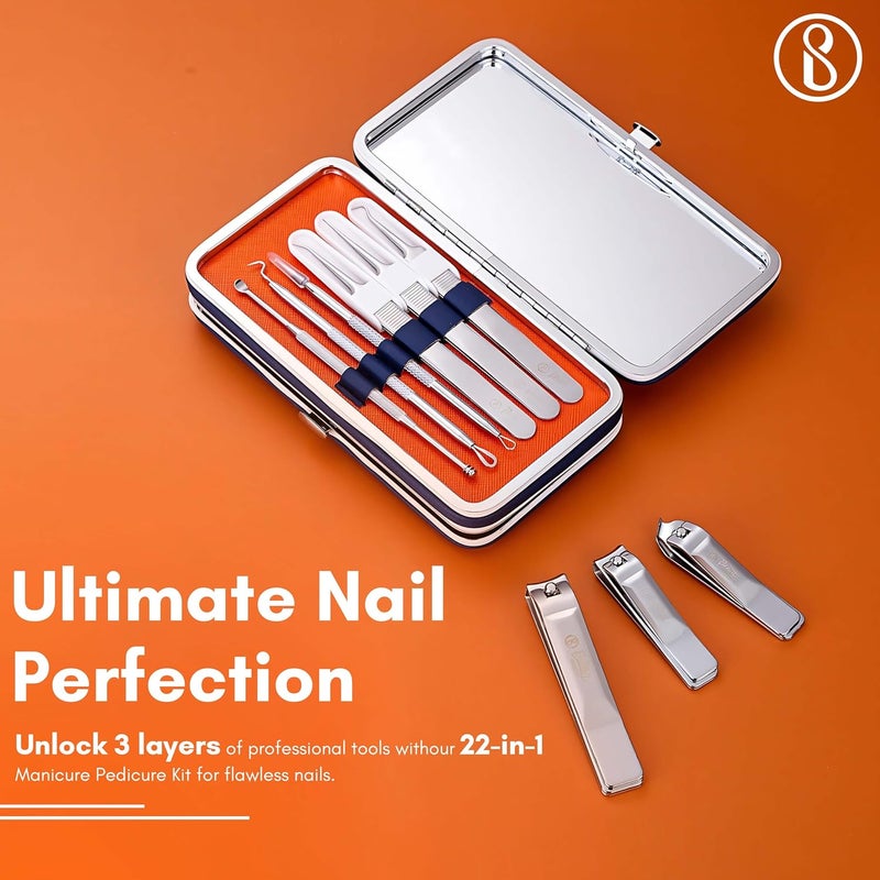 Beauté Secrets Beaut Secrets Manicure Set 22 in 1 Stainless Steel Professional Pedicure Kit Nail Scissors Grooming Kit with Mirror and Blue Leather Travel Case Double Layer Complete Nail Cutter Set for Adults Nail Care and Nail Art Grooming Kit for Men and Women Orange - Image 2
