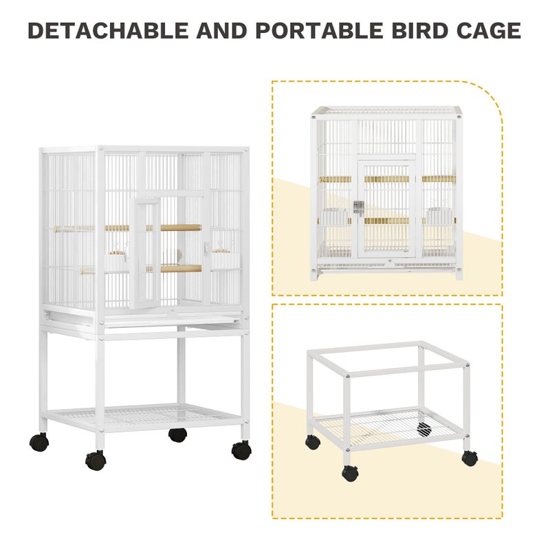 DWVO 41-inch Metal Bird Cage: Large Parrot Cages with Rolling Standâ€‹ - Features Tray, Food Boxes & Wooden Perches for Parakeets, Lovebirds, Cockatiels, Finches and Pigeons, White - Image 5