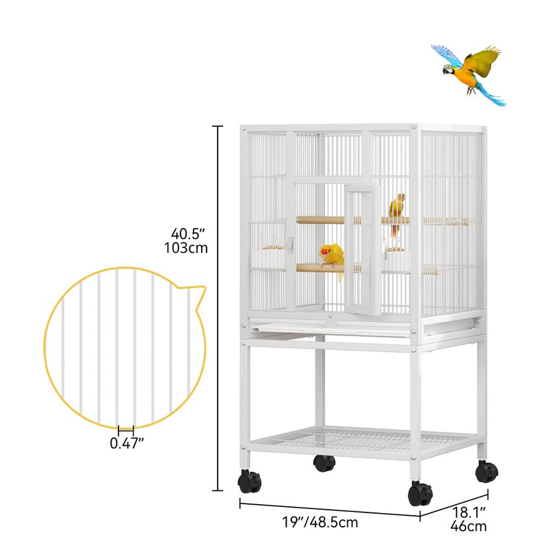 DWVO 41-inch Metal Bird Cage: Large Parrot Cages with Rolling Standâ€‹ - Features Tray, Food Boxes & Wooden Perches for Parakeets, Lovebirds, Cockatiels, Finches and Pigeons, White - Image 2
