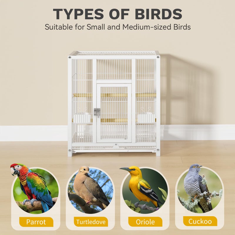 DWVO 41-inch Metal Bird Cage: Large Parrot Cages with Rolling Standâ€‹ - Features Tray, Food Boxes & Wooden Perches for Parakeets, Lovebirds, Cockatiels, Finches and Pigeons, White - Image 4